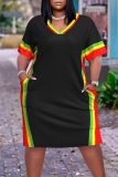 Black Casual Stripe Print Basic V Neck Short Sleeve Loose Pockets Midi T-Shirt Dress