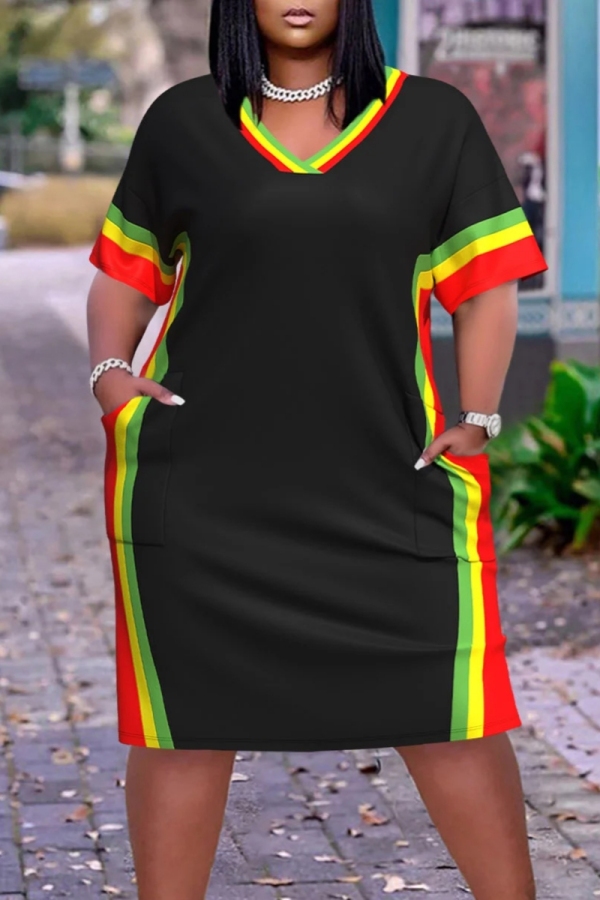 Black Casual Stripe Print Basic V Neck Short Sleeve Loose Pockets Midi T-Shirt Dress