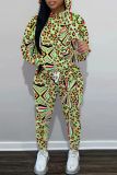 Orange Floral Print O Neck Long Sleeve Hooded Sweatshirt And Pants Sportwear Casual Two Pieces Sweatpants Sets