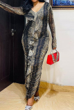 Black Snake Print Ruffled Trim V Neck Long Sleeve Formal Evening Party Long Bodycon Maxi Dress