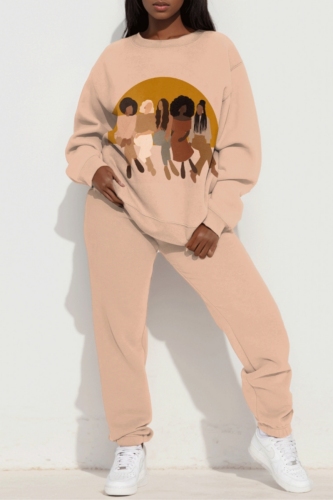 Khaki Figure Print O Neck Long Sleeve Sweatshirt And Pants Sportwear Casual Two Pieces Sweatpants Sets