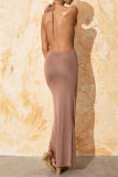 Pink Sleeveless Backless Slit Belted Long Formal Evening Party Halter Sweater Maxi Slip Dresses
