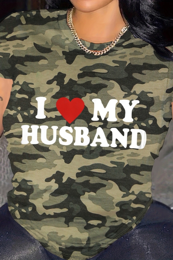 Casual Camouflage Print Letter Print O Neck Short Sleeve Oversize T-Shirts