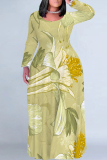 Dark Khaki Casual Floral Print O Neck Long Sleeve Straight Loose Vacation Plus Size Maxi Dresses
