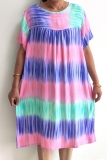 Multicolor Casual Print O Neck Short Sleeve Loose Vacation Plus Size T-shirt Mini Dresses
