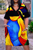 Colorful Casual Graphics Print Basic V Neck Short Sleeve Loose Pockets Midi T-Shirt Dress