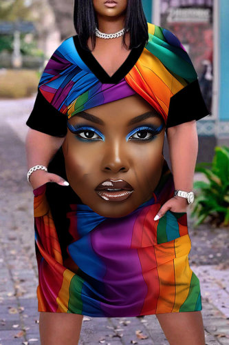 Colorful Casual Graphics Print Basic V Neck Short Sleeve Loose Pockets Midi T-Shirt Dress