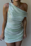 Green Gradient Sequins Sloping Shoulder Sleeveless Wrapped Skirt Party Formal Evening Party Bodycon Mini Dresses
