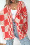 Watermelon Red Casual Street Plaid Weave V Neck Long Sleeve Cardigan Knitted Sweater