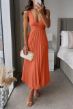 Yellow Sleeveless Summer Stain Cutout Waist Loose Vacation Pleated Midi Dress