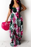 Red Floral Print Backless Sleeveless Floor Length Vacation Baggy Sundress Slip Maxi Dress