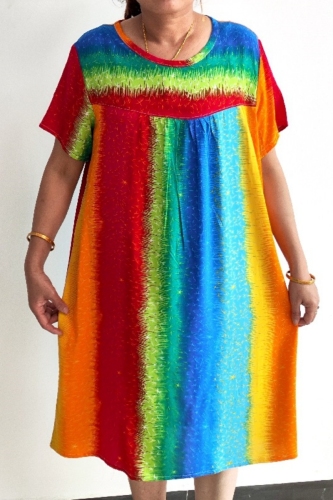 Multicolor Casual Print O Neck Short Sleeve Loose Vacation Plus Size T-shirt Mini Dresses