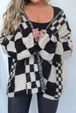 Watermelon Red Casual Street Plaid Weave V Neck Long Sleeve Cardigan Knitted Sweater