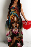 Dark Brown Figure Print Backless Spaghetti Strap Floor Length Vacation Baggy Sundress Slip Maxi Dress