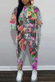 Orange Floral Print O Neck Long Sleeve Hooded Sweatshirt And Pants Sportwear Casual Two Pieces Sweatpants Sets