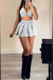 Light Gray Casual Turndown Collar Sleeveless Tank Crop Tops And Pleated Mini Skirt Two Pieces Dress Sets