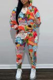 Orange Floral Print O Neck Long Sleeve Hooded Sweatshirt And Pants Sportwear Casual Two Pieces Sweatpants Sets