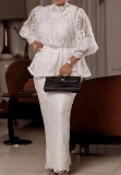 White Lace Flower Print Hollow Out See-Through Half A Turtleneck Long Sleeve Blouse And Maxi Skirt Formal Evening Party Two Pieces Dress Sets