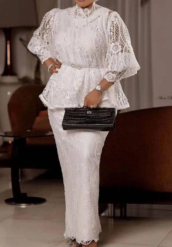 White Lace Flower Print Hollow Out See-Through Half A Turtleneck Long Sleeve Blouse And Maxi Skirt Formal Evening Party Two Pieces Dress Sets
