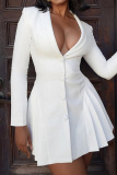 Black Buttons Deep V Neck Long Sleeve Formal Evening Party Pleated Blazer Mini Dresses