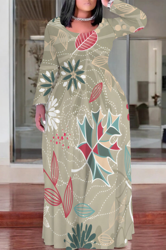 Dark Khaki Casual Floral Print O Neck Long Sleeve Straight Loose Vacation Plus Size Maxi Dresses