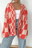 Watermelon Red Casual Street Plaid Weave V Neck Long Sleeve Cardigan Knitted Sweater