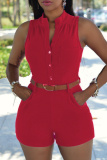 Red Sleeveless Buttons With Belt V Neck Formal Office Lady Bodycon Rompers One Piece Bodysuit