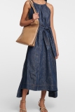 Navy Blue Casual O Neck Sleeveless With Belt Fitted A Line Denim Dresses
