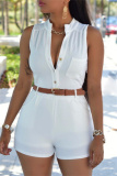 Red Sleeveless Buttons With Belt V Neck Formal Office Lady Bodycon Rompers One Piece Bodysuit