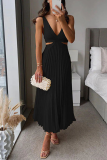 Yellow Sleeveless Summer Stain Cutout Waist Loose Vacation Pleated Midi Dress