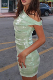 Green Gradient Sequins Sloping Shoulder Sleeveless Wrapped Skirt Party Formal Evening Party Bodycon Mini Dresses
