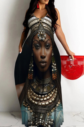 Dark Brown Figure Print Backless Spaghetti Strap Floor Length Vacation Baggy Sundress Slip Maxi Dress