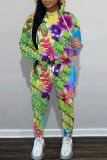 Orange Floral Print O Neck Long Sleeve Hooded Sweatshirt And Pants Sportwear Casual Two Pieces Sweatpants Sets