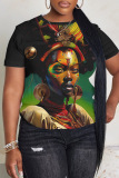 Dark Green Casual Figure Print O Neck Short Sleeve Oversize T-Shirts