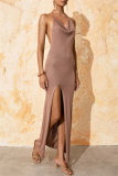 Pink Sleeveless Backless Slit Belted Long Formal Evening Party Halter Sweater Maxi Slip Dresses
