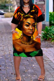 Colorful Casual Graphics Print Basic V Neck Short Sleeve Loose Pockets Midi T-Shirt Dress