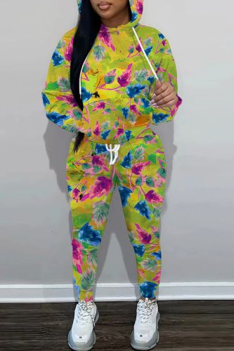 Orange Floral Print O Neck Long Sleeve Hooded Sweatshirt And Pants Sportwear Casual Two Pieces Sweatpants Sets