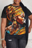 Dark Green Casual Figure Print O Neck Short Sleeve Oversize T-Shirts