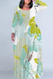 Dark Khaki Casual Floral Print O Neck Long Sleeve Straight Loose Vacation Plus Size Maxi Dresses