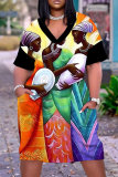 Colorful Casual Graphics Print Basic V Neck Short Sleeve Loose Pockets Midi T-Shirt Dress