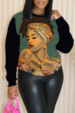 Dark Khaki Casual Figure Print O Neck Long Sleeve Winter Fall Sweatshirt