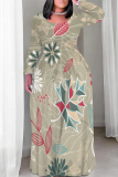 Dark Khaki Casual Floral Print O Neck Long Sleeve Straight Loose Vacation Plus Size Maxi Dresses