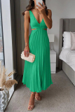 Yellow Sleeveless Summer Stain Cutout Waist Loose Vacation Pleated Midi Dress