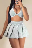 Light Gray Casual Turndown Collar Sleeveless Tank Crop Tops And Pleated Mini Skirt Two Pieces Dress Sets