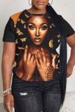 Dark Green Casual Figure Print O Neck Short Sleeve Oversize T-Shirts