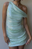 Green Gradient Sequins Sloping Shoulder Sleeveless Wrapped Skirt Party Formal Evening Party Bodycon Mini Dresses