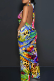 Pink Purple Casual Floral Print Backless Sleeveless Lace Up Loose Vacation Halter Wide Leg Jumpsuits