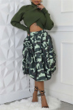 Casual Camouflage Print High Waist Drawstring Bubble Hem Midi Skirt