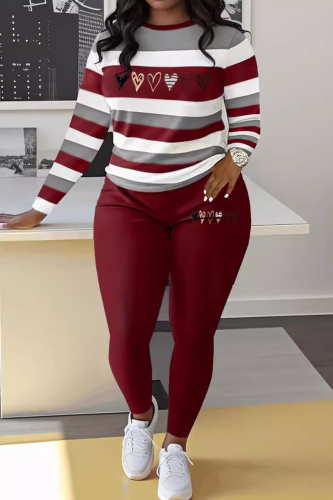 Yellow Stripe Print O Neck Long Sleeve Oversize Tops And Skinny Pants Sportwear Casual Two Pieces Sweatpant Set