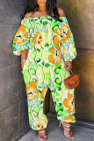 Yellow Casual Floral Print Off Shoulder Long Sleeve Pockets Harem Jumpsuits